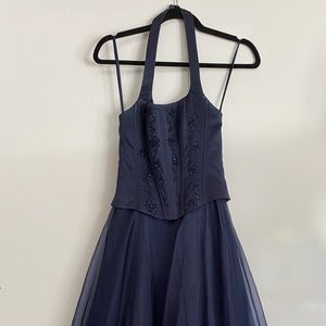 Navy halter dress.